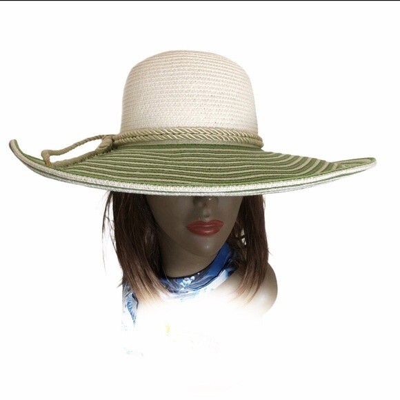MAGID Wide Brim Straw Sun Summer Hat Ivory Green Floppy Paper - Picture 1 of 8